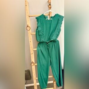 Sleeveless Green Crochet-Trim Jumpsuit with Drawstring Waist